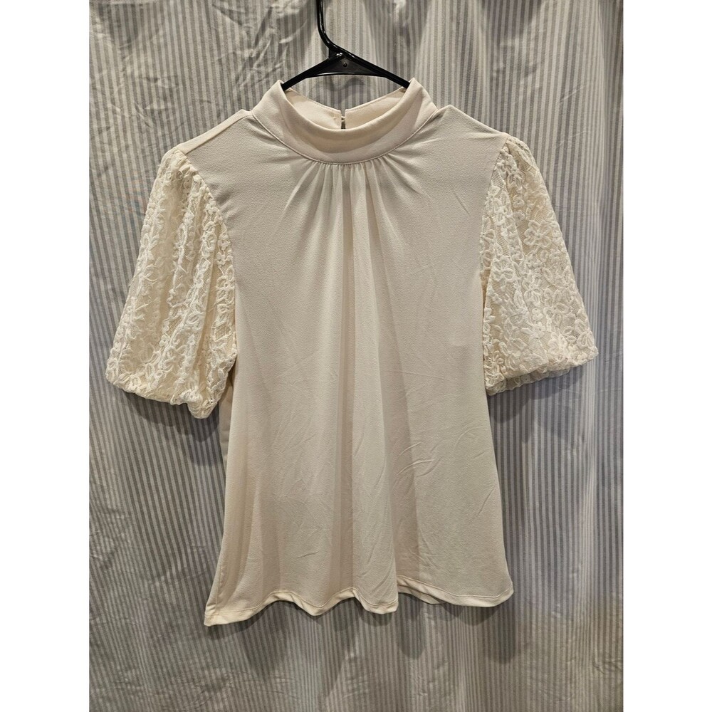 Cable & Gauge Cream Blouse Lace Med Romantic Coquette Cottagecore Puff Sleeve